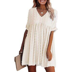 ✌️ 2/$40 ✌️ New Short Sleeve Cream Mini Dress, V Neck, Swiss Dot Flowy Dress